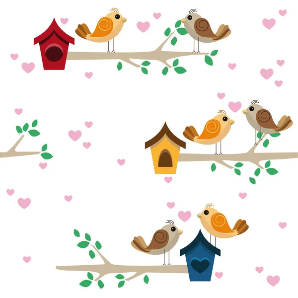Birdies dating on a branch with a little house — Stock Photo, Image