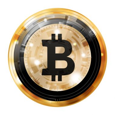 Bitcoin dijital para, altın siyah madalya, görüntü illüstrasyon.