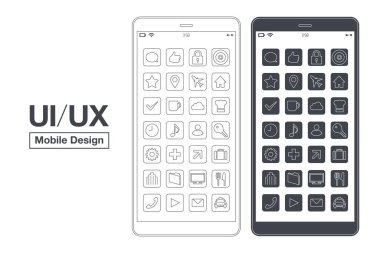 Akıllı telefon aygıtı ana hatları izole edilmiş vektör simgesi. Ui / Ux tasarım akıllı telefon uygulaması ekranı. modern cep telefonu resimleri