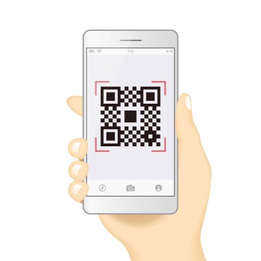 Qr kod ödemesi Hand Finger Smartphone uygulaması nakitsiz teknoloji konsept vektör çizim görüntüsü. para olmadan dijital ödeme.