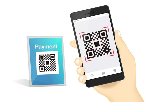 Qr código pagamento Mão Dedo Smartphone aplicativo tecnologia sem dinheiro conceito vetor ilustração design imagem. pagamento digital sem dinheiro . —  Vetores de Stock