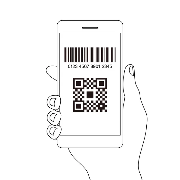 QRコード決済ハンドフィンガースマートフォンアプリのキャッシュレス技術コンセプトベクトルラインイラストデザイン画像。お金がなくても. — ストックベクタ