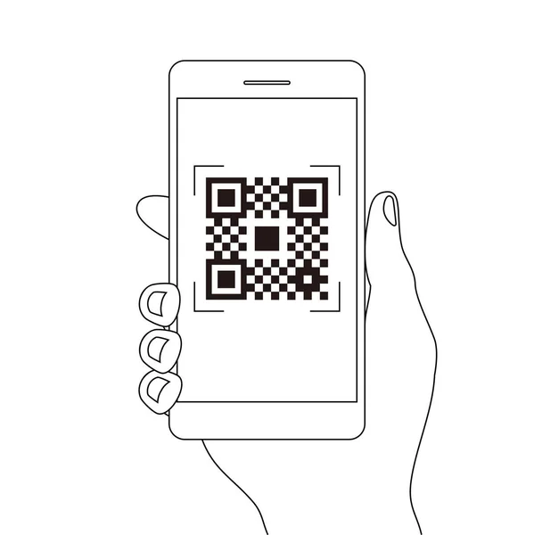 Qr code betaling Hand Vinger Smartphone app cashless technologie concept vector lijn illustratie ontwerp beeld. digitale betaling zonder geld. — Stockvector