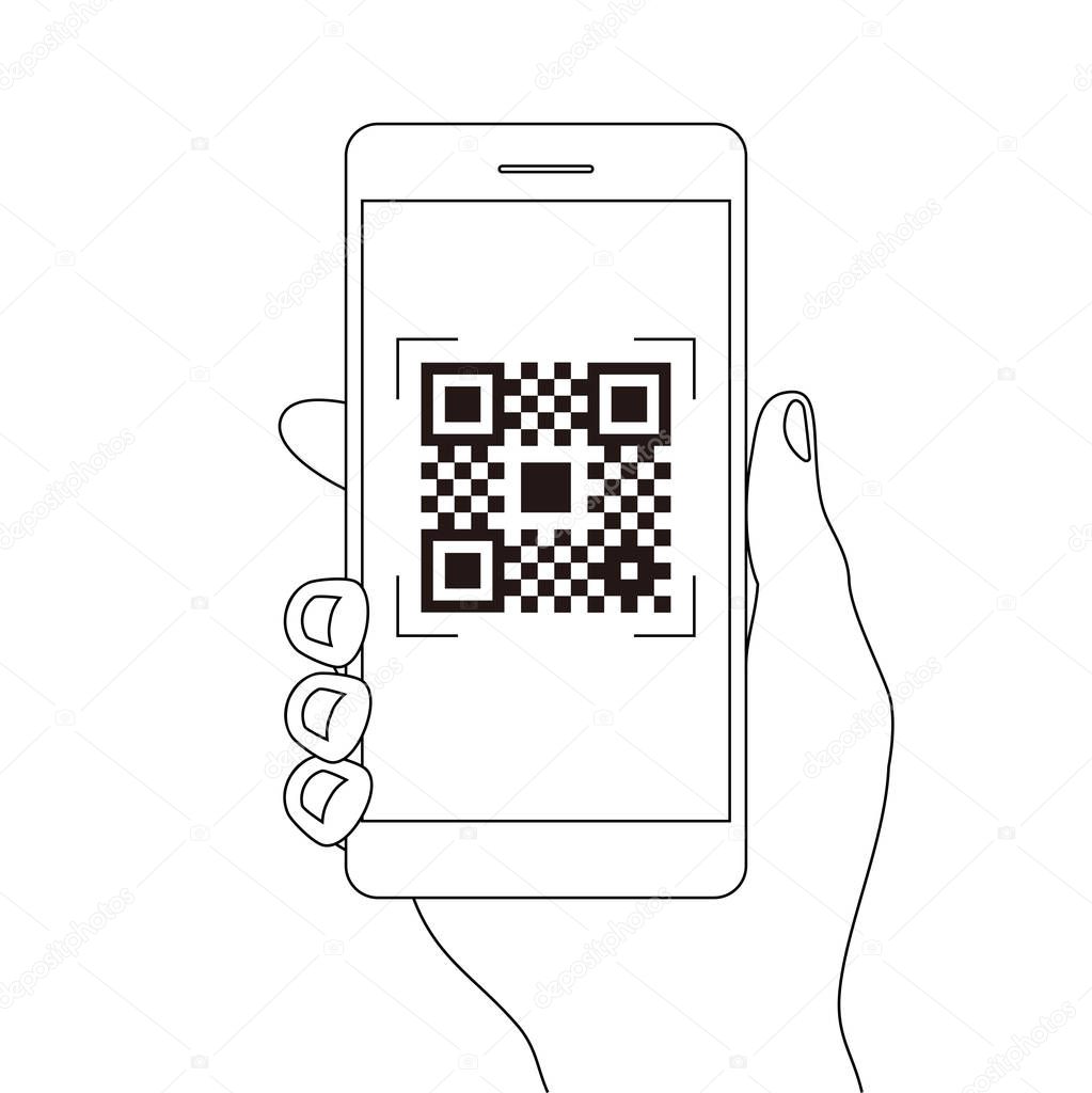 Qr code payment Hand Finger Smartphone app cashless technology concept vector line illustration design image. digital pay without money.
