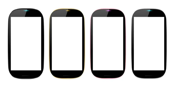 4 kleuren smartphones, mobiele telefoon geïsoleerd, leeg display, vectorillustratie beeld. — Stockvector