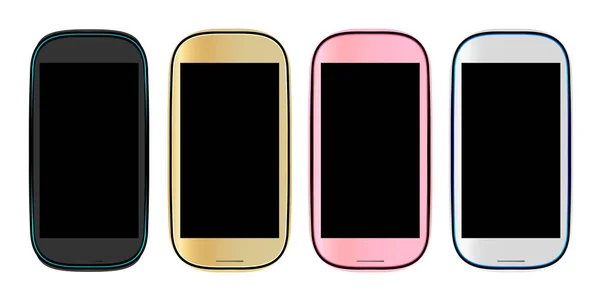 4 kolory smartfonów, telefon komórkowy izolowane, pusty wyświetlacz, wektor ilustracji obrazu. — Wektor stockowy