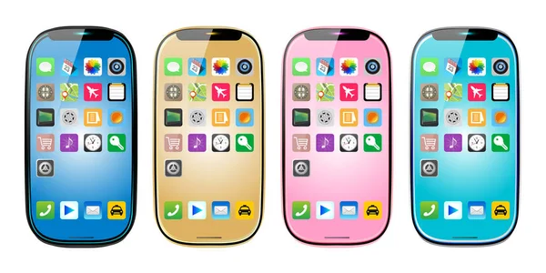 4 kleuren smartphones, mobiele telefoon geïsoleerd, app icoon, vector illustratie afbeelding. — Stockvector