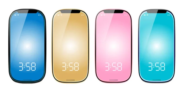 4 kleuren smartphones, mobiele telefoon geïsoleerd, gradatie achtergrond, vector illustratie afbeelding. — Stockvector