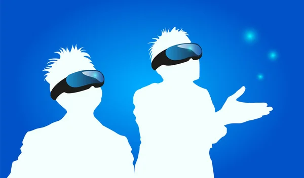 Virtual Reality Headset Mann Kopfbefestigungsdisplay Vektorabbildung Blaues Bild — Stockvektor