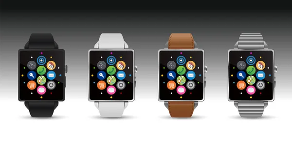 Kleuren Smartwatchs Zwart Wit Leder Zilver Vector Illustratie Afbeelding — Stockvector