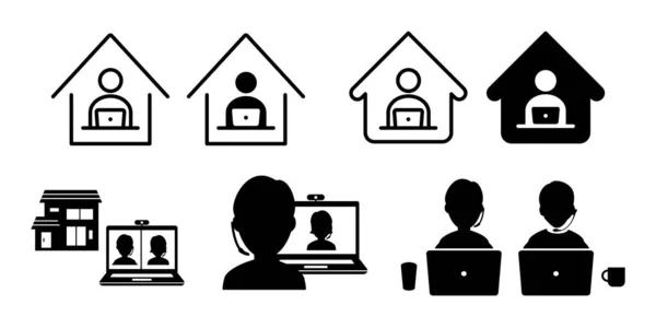 Teletrabalho Casa Trabalho Remoto Vetor Ícone Conjunto Ilustração Preto Branco —  Vetores de Stock