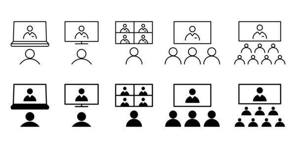 Vídeo Conferência Teletrabalho Teletrabalho Vetor Ícone Ilustração Preto Branco —  Vetores de Stock