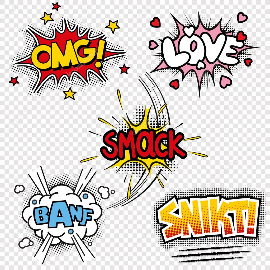 Set of five black and white vector illustrations of comic sound effects