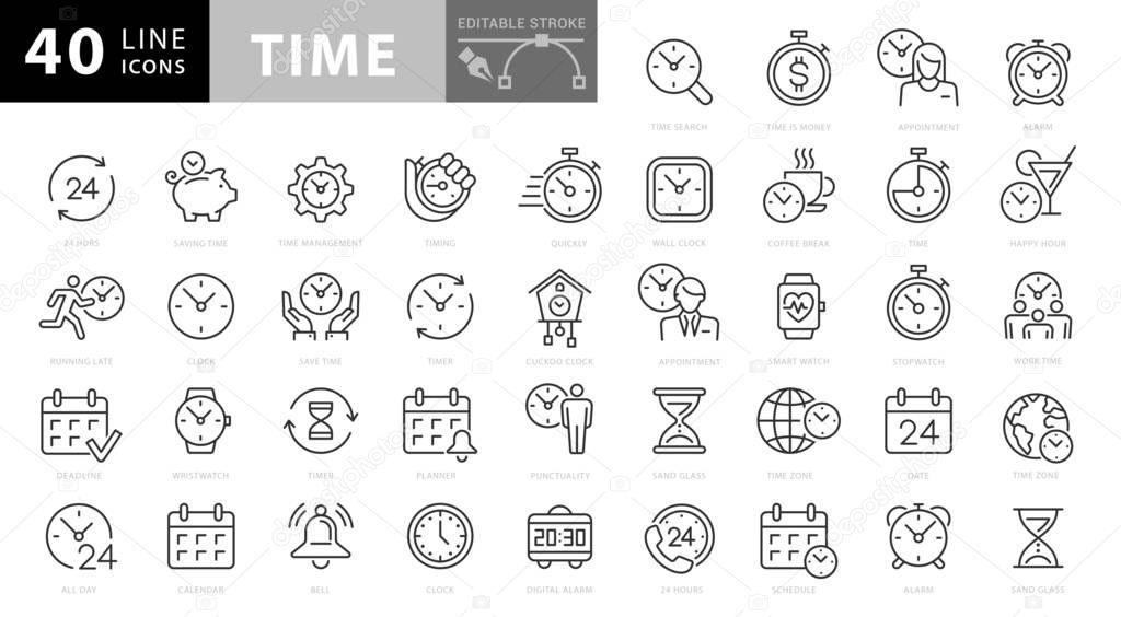 Simple Set of Time Related Vector Line Icons.