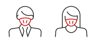 Yüz maskesi çizgisi ikonu, hastalık önlemenin vektör piktogramı. Koronavirüsten korunma giysisi, hava kirliliği, toz, grip illüstrasyonu, tıbbi gereç deposu tabelası