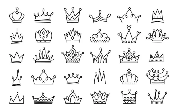 Coronas Doodle Línea Arte Rey Reina Corona Boceto Compañeros Coronados — Vector de stock