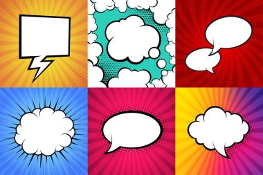 Renkli çizgi roman arka planı. Farklı şekillerde boş beyaz konuşma baloncukları. Işınlar, radyal, yarım ton, noktalı efektler. Pop sanat tarzında vektör illüstrasyonu
