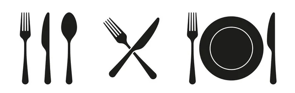 Fourchette Couteau Cuillère Assiette Ensemble Icônes Set Vaisselle Style Plat — Image vectorielle