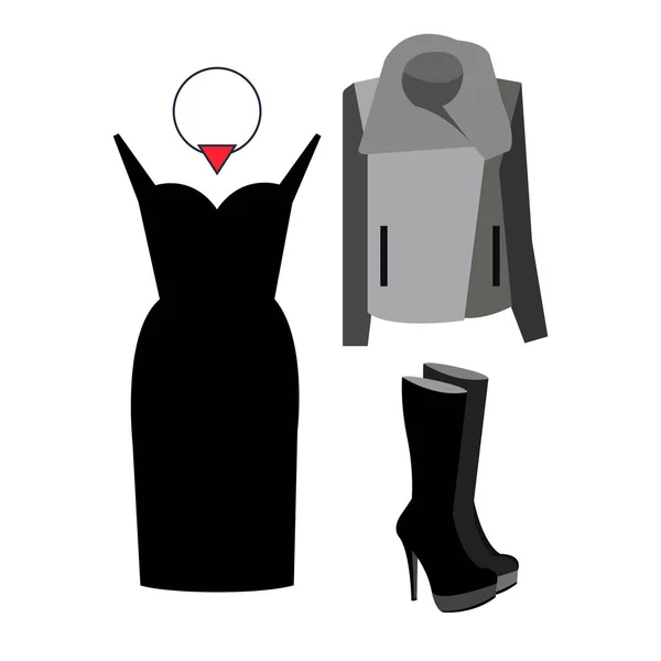 Klänning, vektor, solglasögon, mode, jacka, skjorta, skor, kläder, uppsättning, väska, samling — Stock vektor