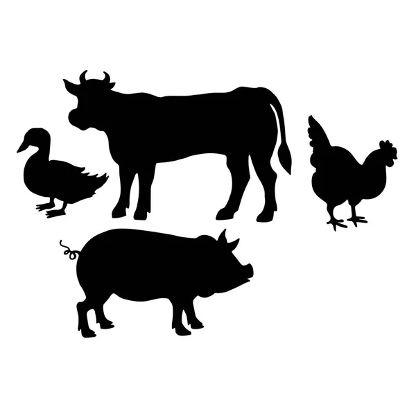 Animales de granja. Colección de siluetas de animales de granja de estilo retro para comestibles, tiendas de carne, envases y publicidad. Diseño del logotipo del vector . — Archivo Imágenes Vectoriales