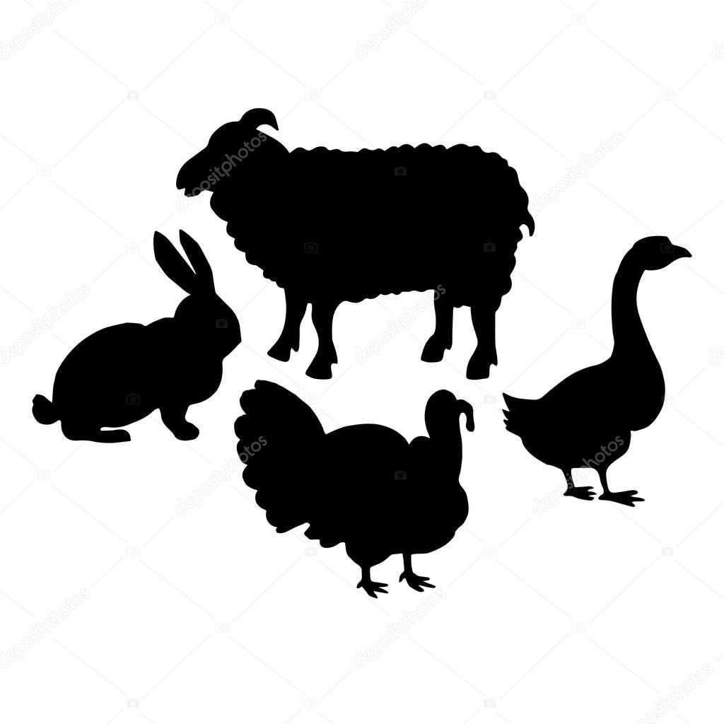 Farm animals. Retro styled farm animals silhouettes collection for groceries, meat stores, packaging and advertising. Vector logotype design.