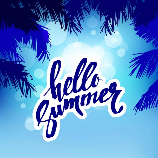 Hello Summer. Modern calligraphy with palm tree silhouettes on bright colorful background. Cheerful summer flyer, placard, poster template in vector — Stock Vector