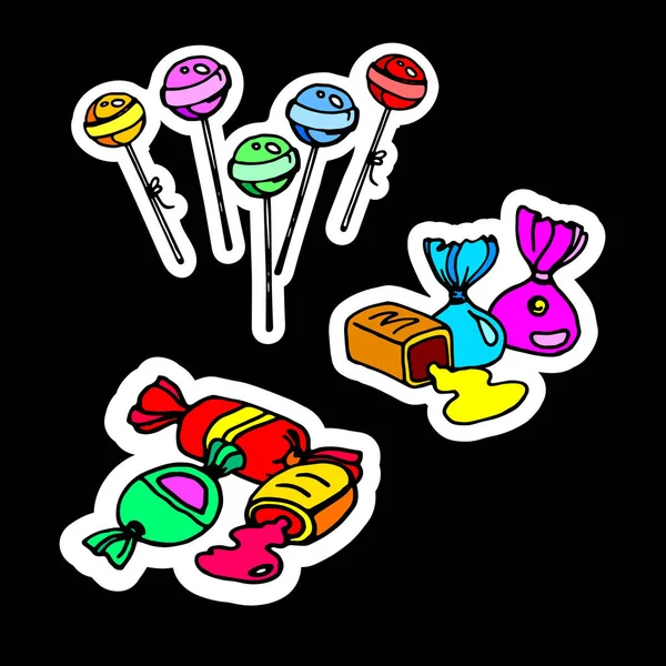 Doces doces ícones planos definido em forma de círculo com sortidas chocolates colorido pirulitos vetor ilustração — Vetor de Stock