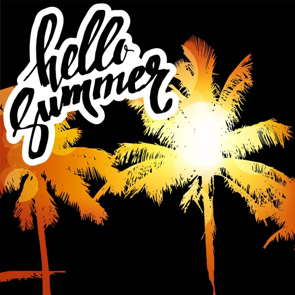 Ciao Summer. Calligrafia moderna con silhouette di palma su sfondo colorato brillante. Volantino estivo allegro, cartello, modello poster in vettore — Vettoriale Stock