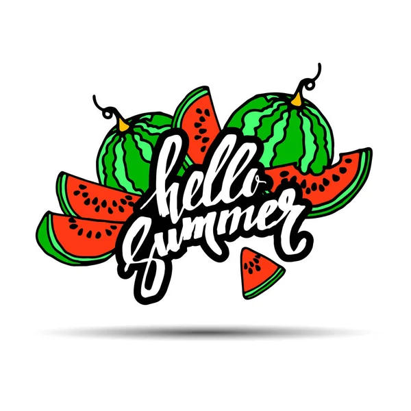 Hallo zomer inscriptie op de achtergrond van watermeloen. Modieuze kalligrafie. zomer, illustratie, fruit, Hallo, watermeloen, seizoen — Stockvector