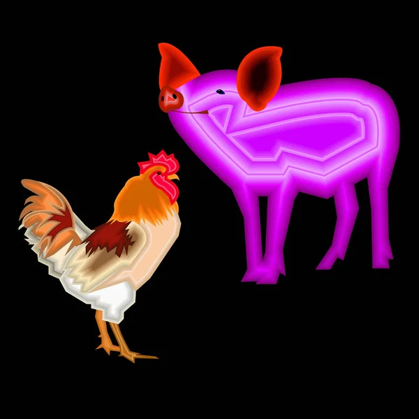 Векторная иллюстрация домашнего млекопитающего свинина мультфильм милый розовый петух петух перо — стоковый вектор