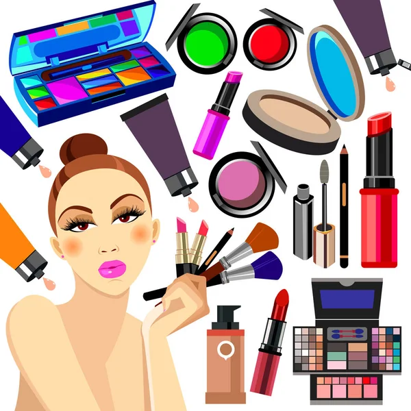 Kozmetikumok, design, glamour, ecset, ellátás, bőr, gyönyörű, arc, nő, készlet — Stock Vector