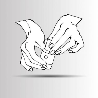 Pembe oje şişesi ile genç eller. Vektör.