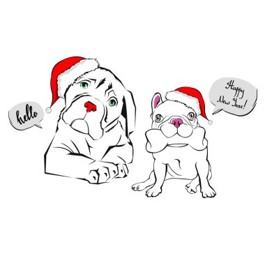 Fransızca portre bir Noel Baba'nın şapkayla bulldog. Vektör çizim.