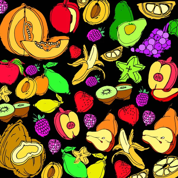 Conjunto de ícones de frutas coloridas dos desenhos animados: maçã, pêra, morango, laranja, pêssego, ameixa, banana, melancia, abacaxi, uvas, cereja, kiwi, limão, manga . —  Vetores de Stock