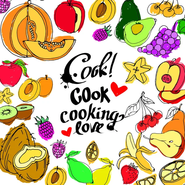 Renkli karikatür meyve simgeler kümesi: elma, armut, çilek, portakal, şeftali, Erik, muz, karpuz, ananas, üzüm, kiraz, kivi, limon, mango.