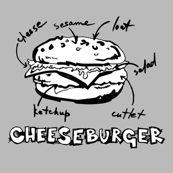 Vetor de carne ilustração hambúrguer sanduíche queijo cheeseburger — Vetor de Stock