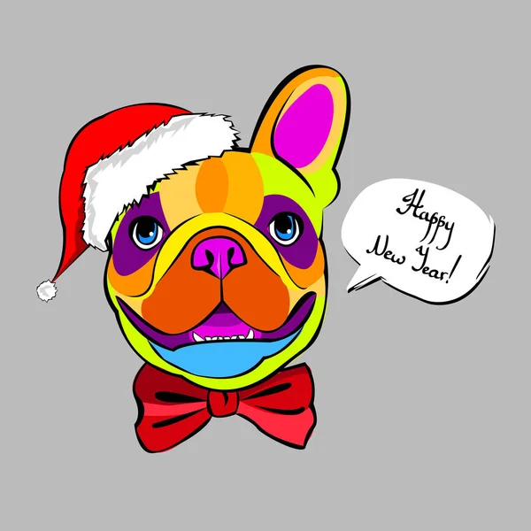 Bulldog francés Retrato en un sombrero de Santa. Ilustración vectorial . — Archivo Imágenes Vectoriales