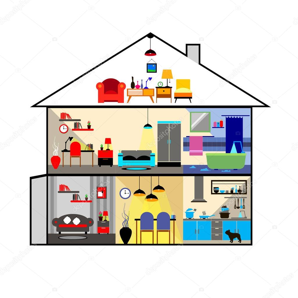 House in cut. Detailed modern house interior. Rooms with furniture. Flat style vector illustration.