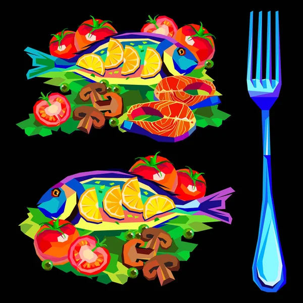Ψάρια λεμόνι ντομάτα πιάτο θαλασσινά γαρίδα διανυσματικά εικονογράφηση σολομού νόστιμο ψάρι — Διανυσματικό Αρχείο