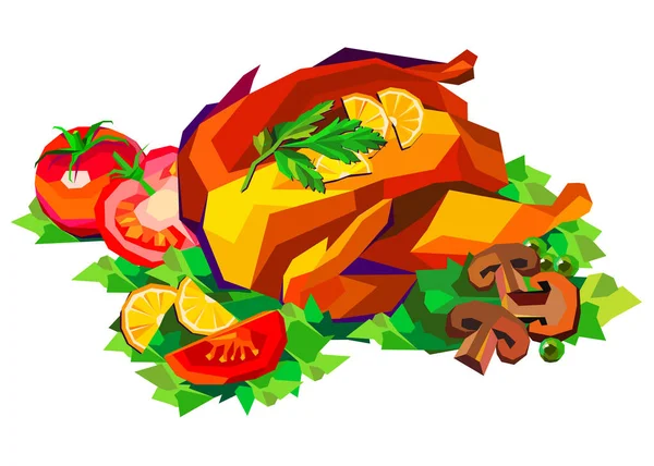 Векторная иллюстрация жареного цыпленка, ужин, выпечка, жареный, питание — стоковый вектор