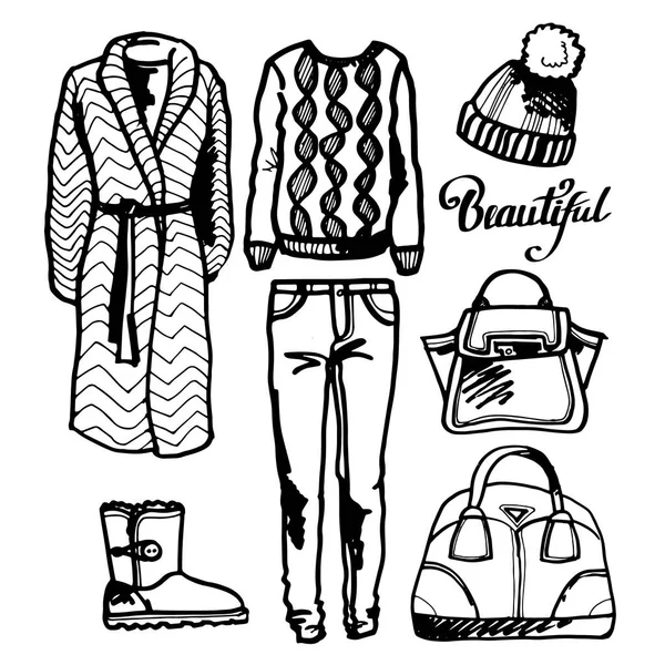 Vecteur, hiver, vêtements, design, ensemble, illustration, bottes, mode, vêtements, collection — Image vectorielle