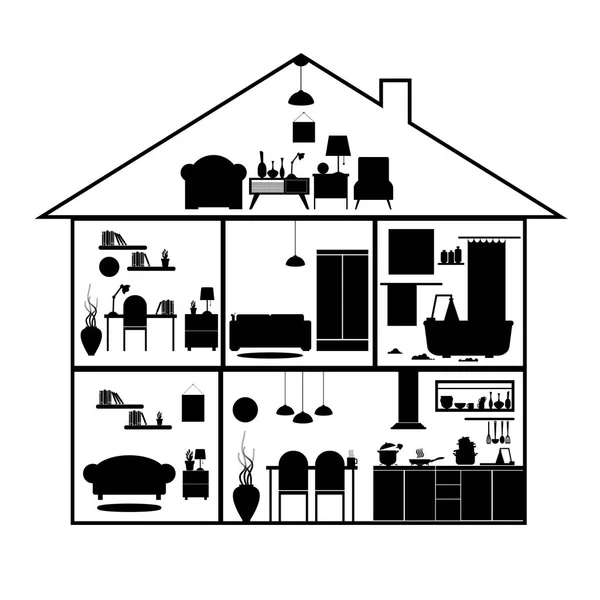 Casa cortada. Interior da casa moderna detalhada. Quartos com mobiliário. Ilustração vetorial de estilo plano . —  Vetores de Stock