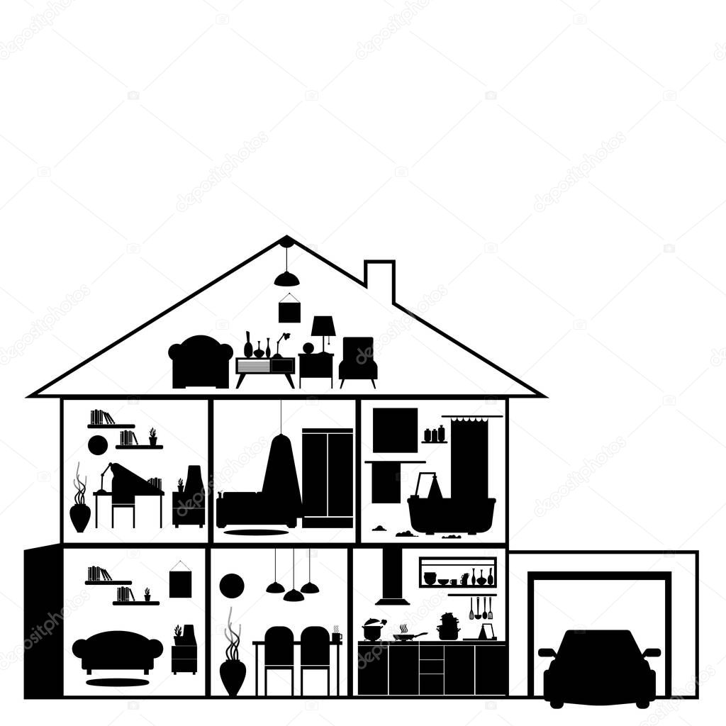 House in cut. Detailed modern house interior. Rooms with furniture. Flat style vector illustration.