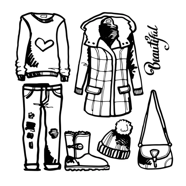 Wektor, zima, ubrania, projekt, zestaw, ilustracja, buty, moda, odzież, kolekcja — Wektor stockowy