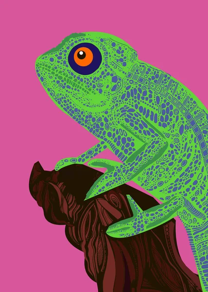 Chameleon kadal menggambar detail grafis warna - Stok Vektor