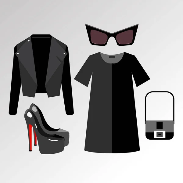 Jurk vector zonnebril mode jas shirt schoenen kleding collectie schoenen laarzen instellen — Stockvector