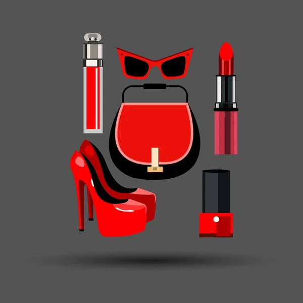Sac de mode lunettes de soleil illustration rouge à lèvres vernis à ongles paillettes — Image vectorielle
