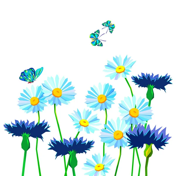 Λουλουδιών διάνυσμα floral καλοκαίρι χαμομήλι, πεταλούδα, έντομο — Διανυσματικό Αρχείο
