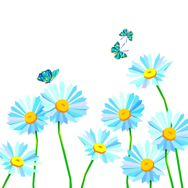 Bunga vektor bunga musim panas chamomile, kupu-kupu, serangga - Stok Vektor