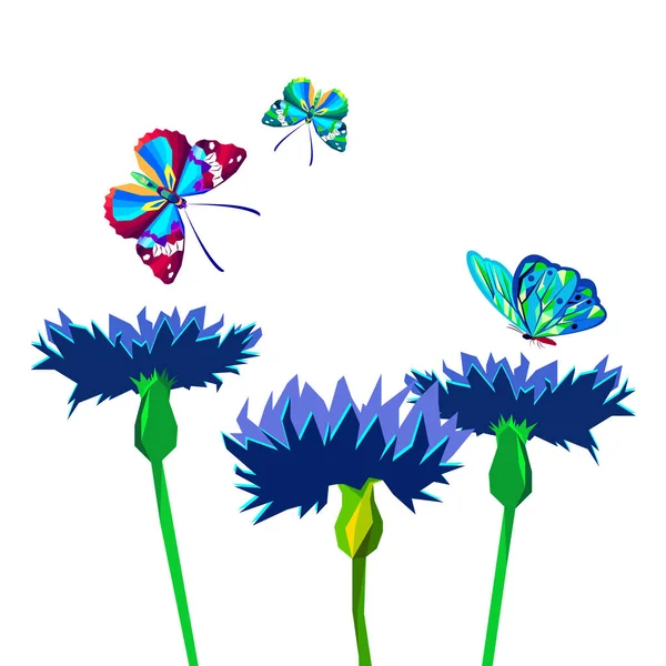 Bunga Knapweed dengan latar belakang putih. Vektor ilustrasi biru bunga-bunga kecil kupu-kupu - Stok Vektor
